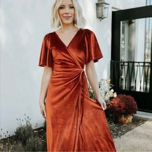 Short-Sleeve Velvet Wrap Maxi Dress